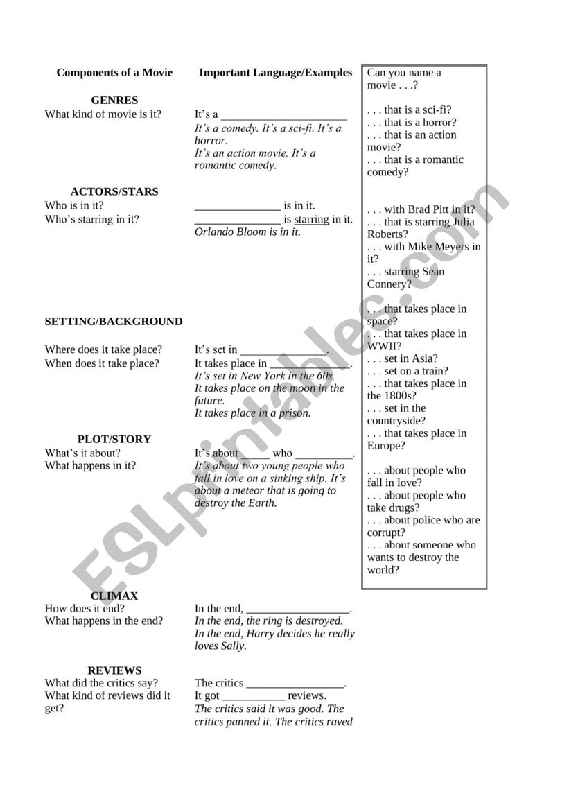 Components of a movie worksheet