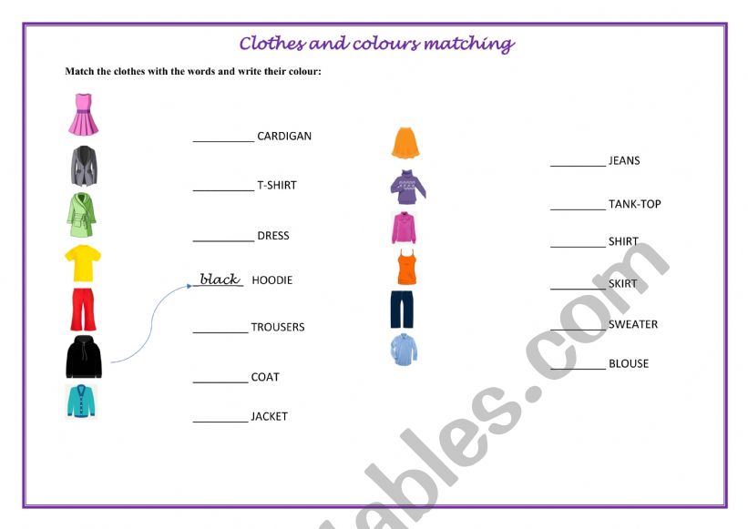 Clothes and colours matching - ESL worksheet by tomsmom