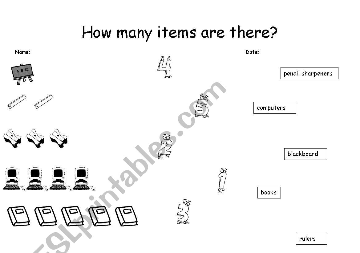 Classroom items and numbers worksheet