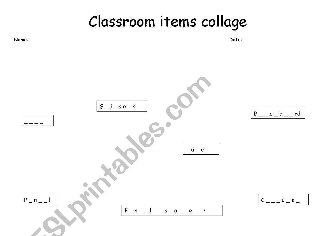 Classroom items collage worksheet