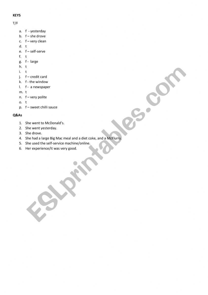 RC: My Trip to McDonald's: English ESL worksheets pdf & doc