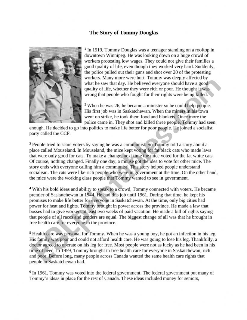 The secret of Tommy Douglas worksheet