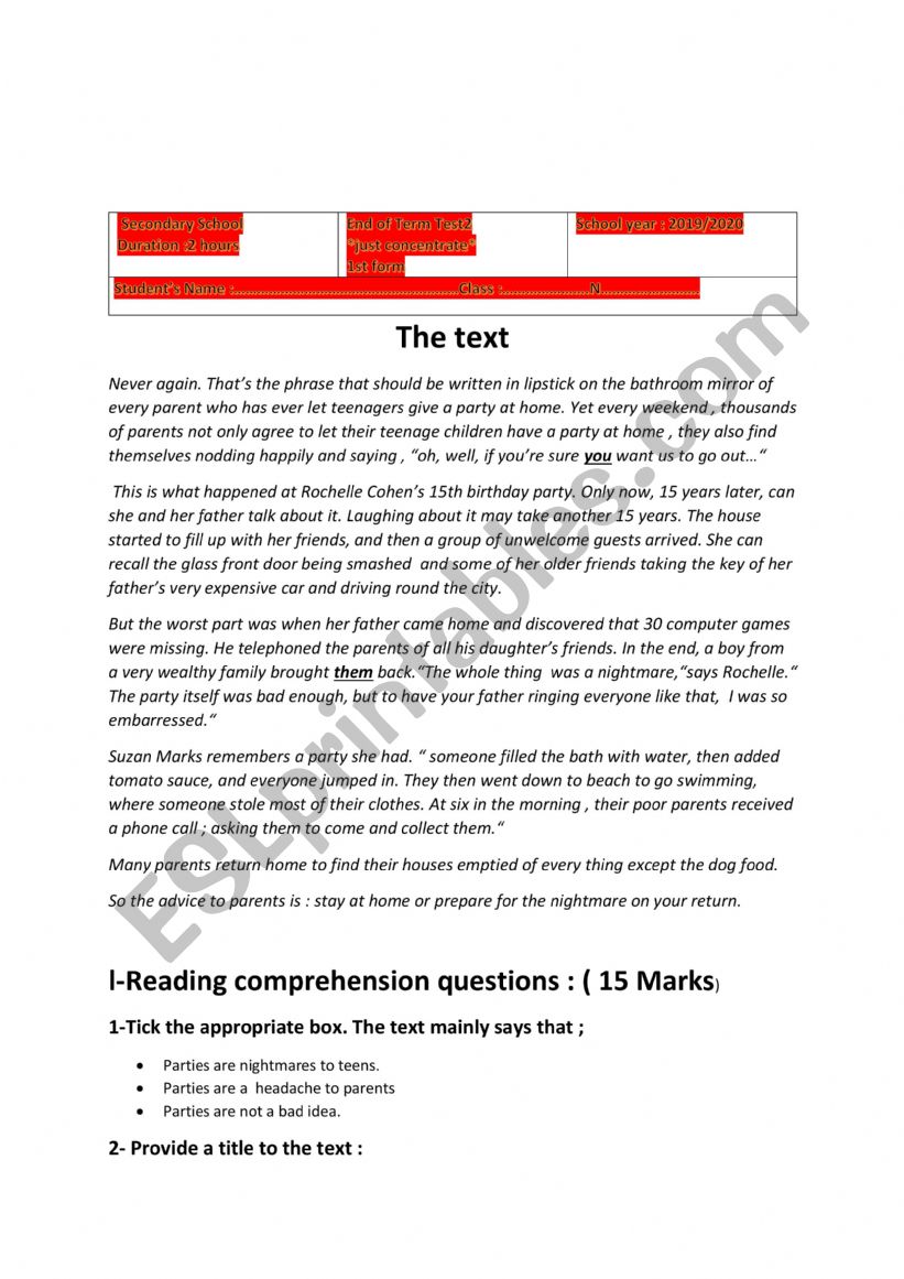 End-Term Test 2 worksheet