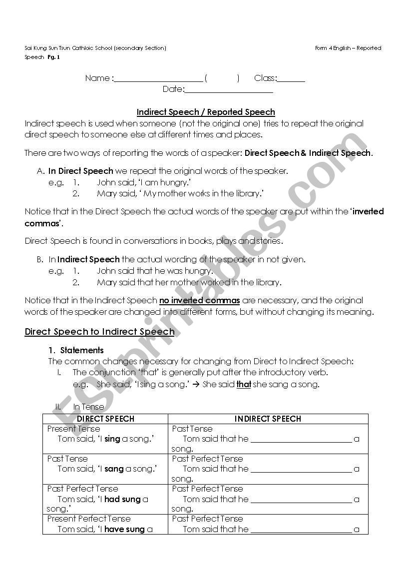 Indirected speech notes worksheet