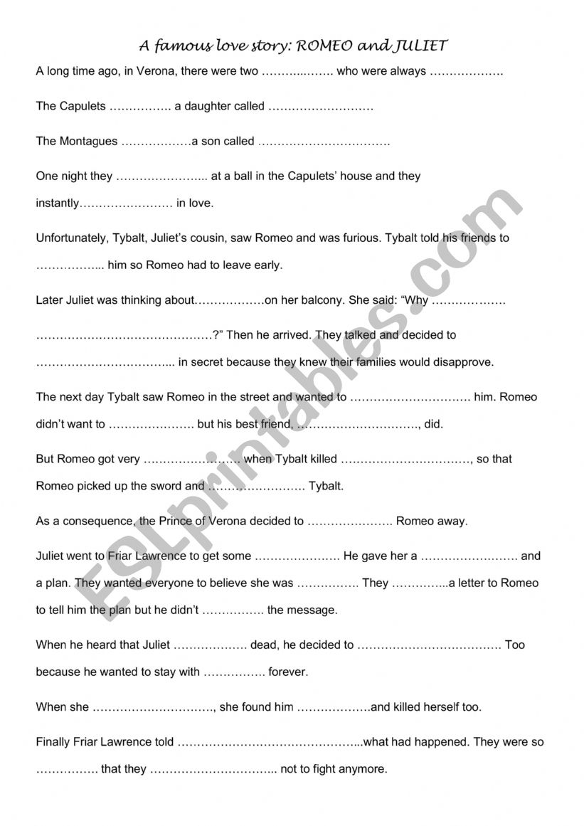 Romeo and Juliet Worksheet  worksheet