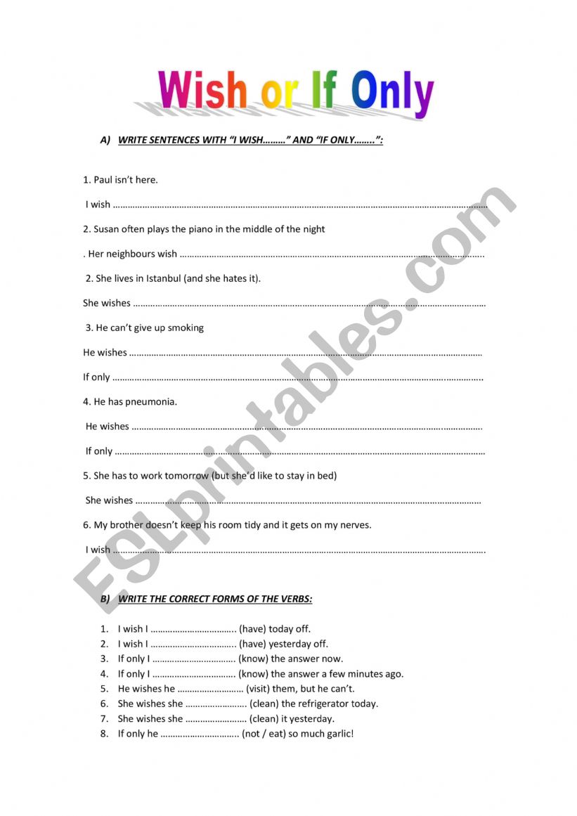 WISH OR IF ONLY? worksheet