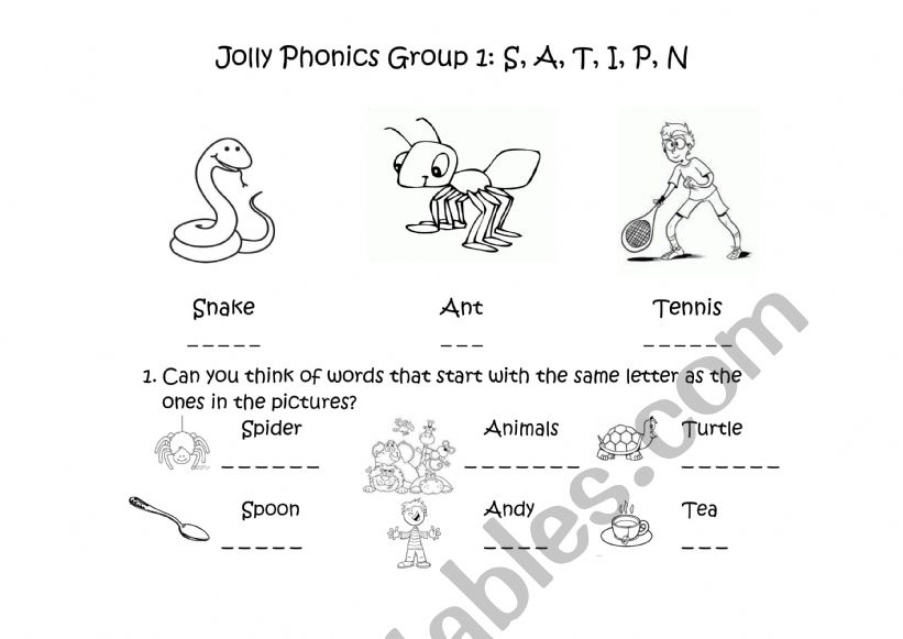 Reading, writing and phonetics exercise to practise together with jolly phonics videos