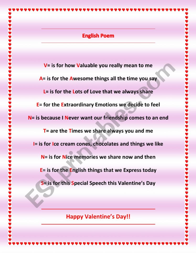 Valentine�s day Poem worksheet
