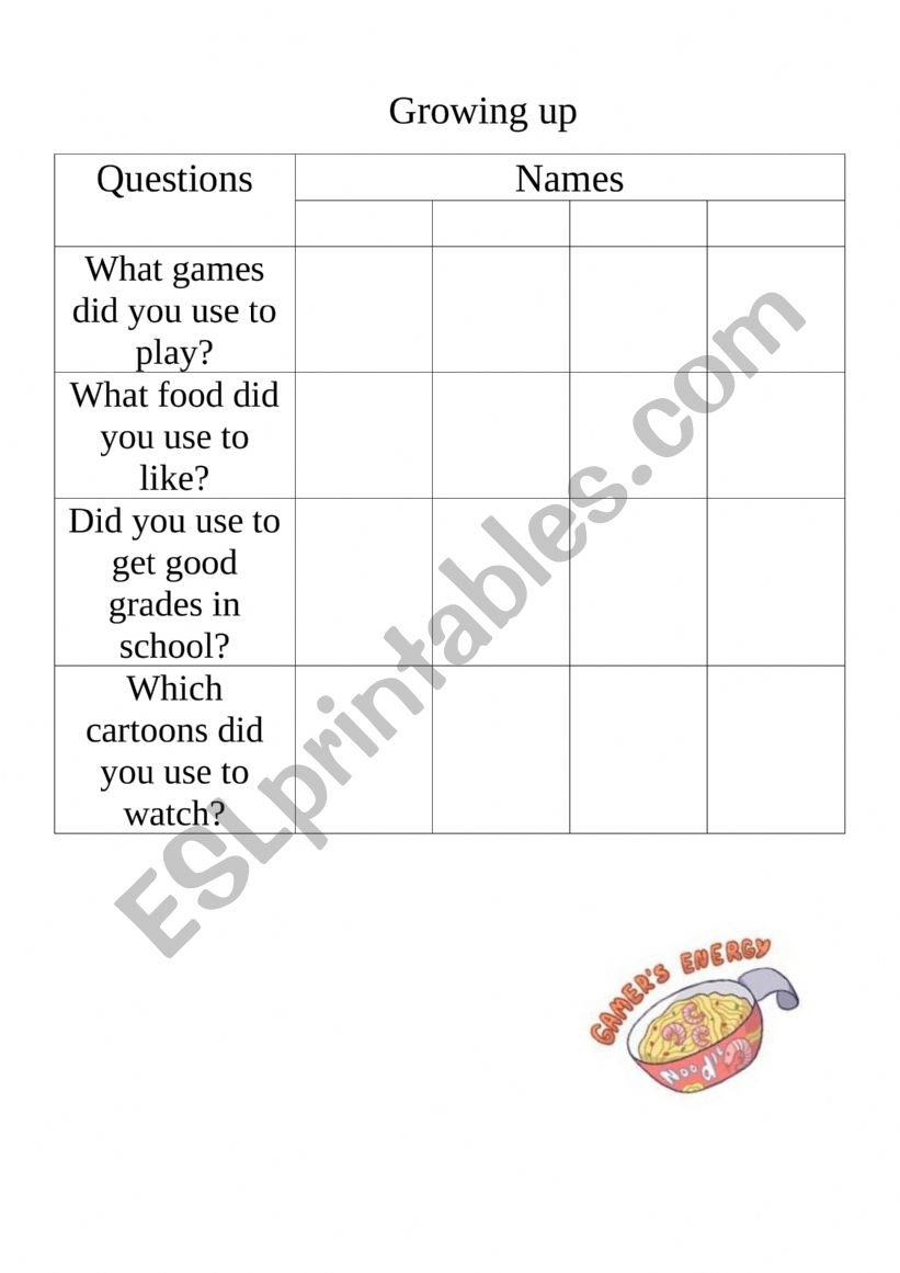 Growing up (practice used to) worksheet