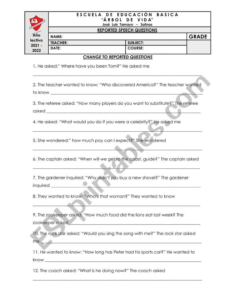 REPORTED SPEECH QUESTIONS worksheet