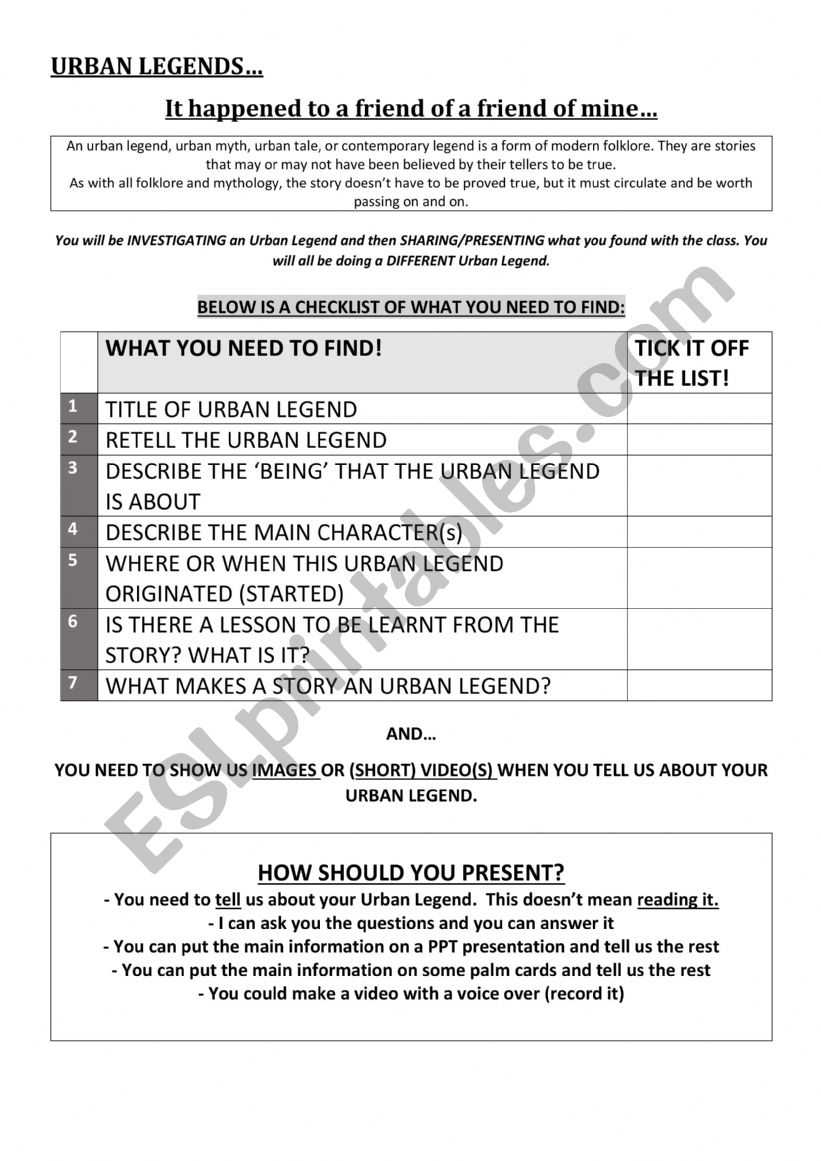 Research an Urban Legend worksheet