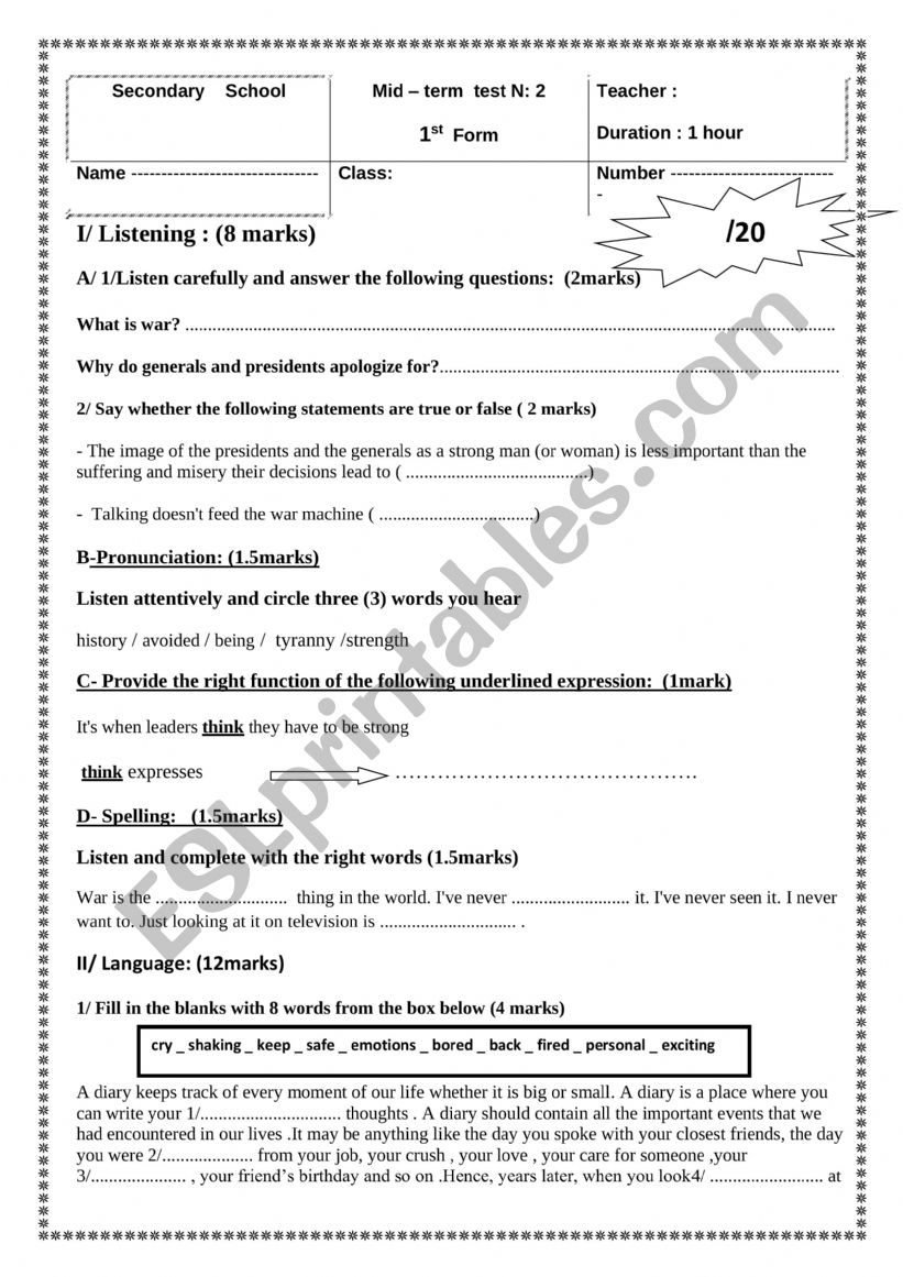 mid term test 2 first form worksheet