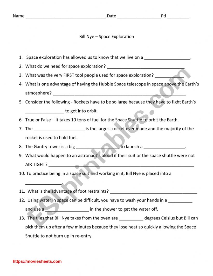 Bill Nye Space Exploration ESL Worksheet By Ah227