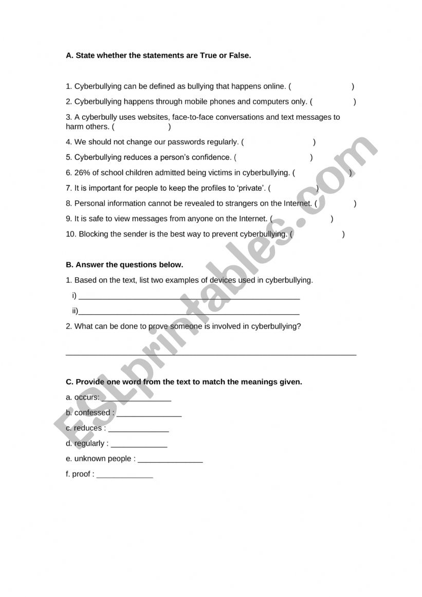 Cyberbullying worksheet