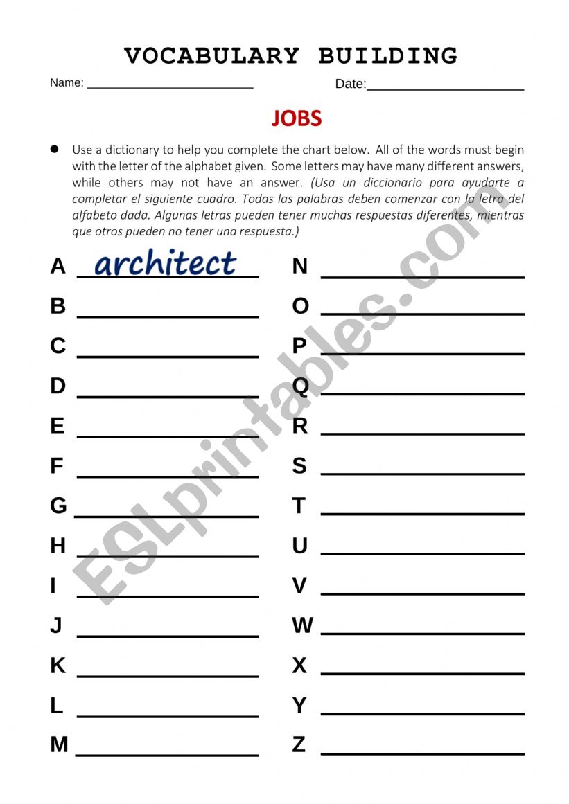 vocabulary jobs worksheet