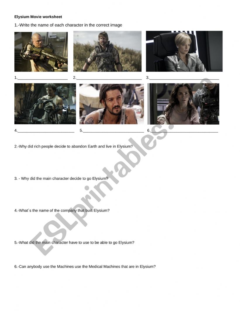 Elysium movie Worksheet worksheet