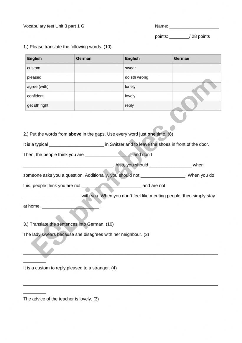 NW 3 Unit 3 G Vocabulary worksheet