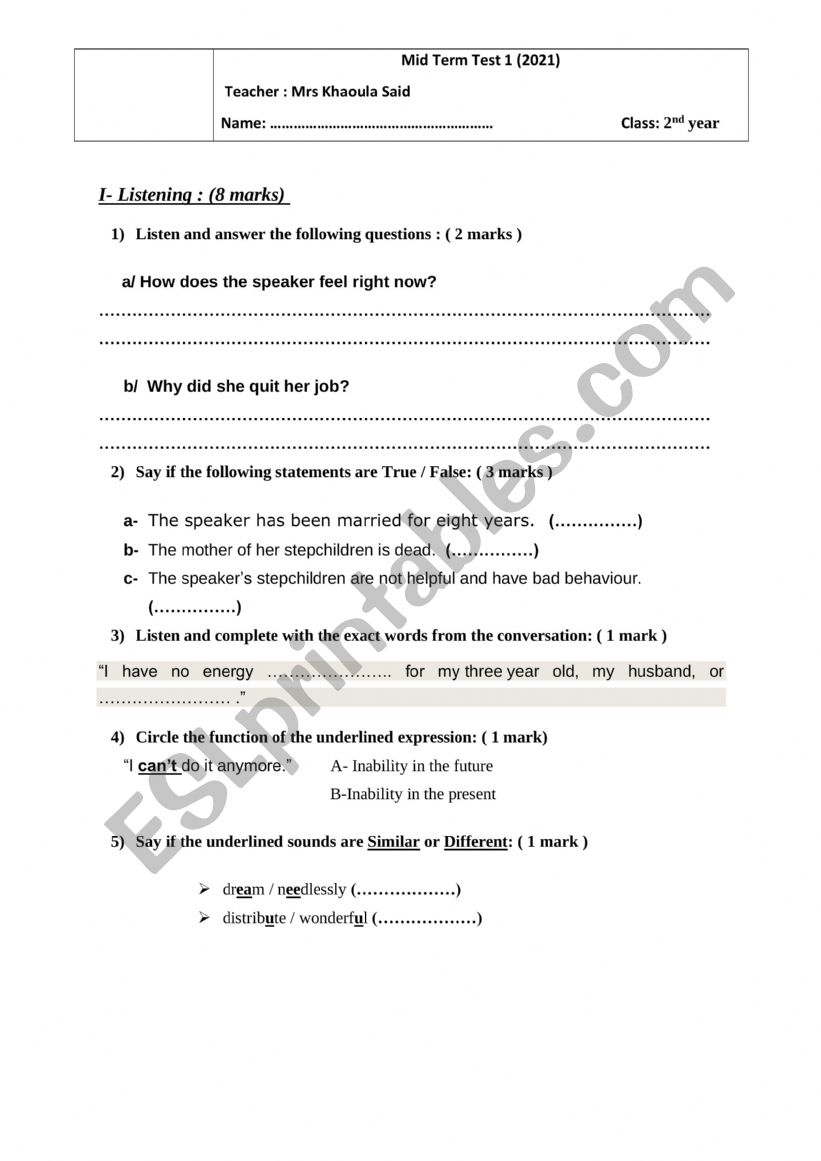 Mid term test 1 2nd form  worksheet