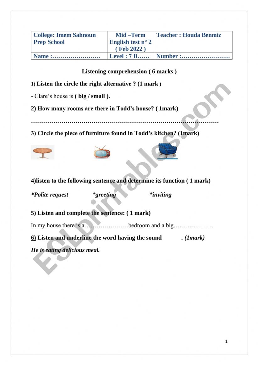 mid term test 2 7th formers worksheet