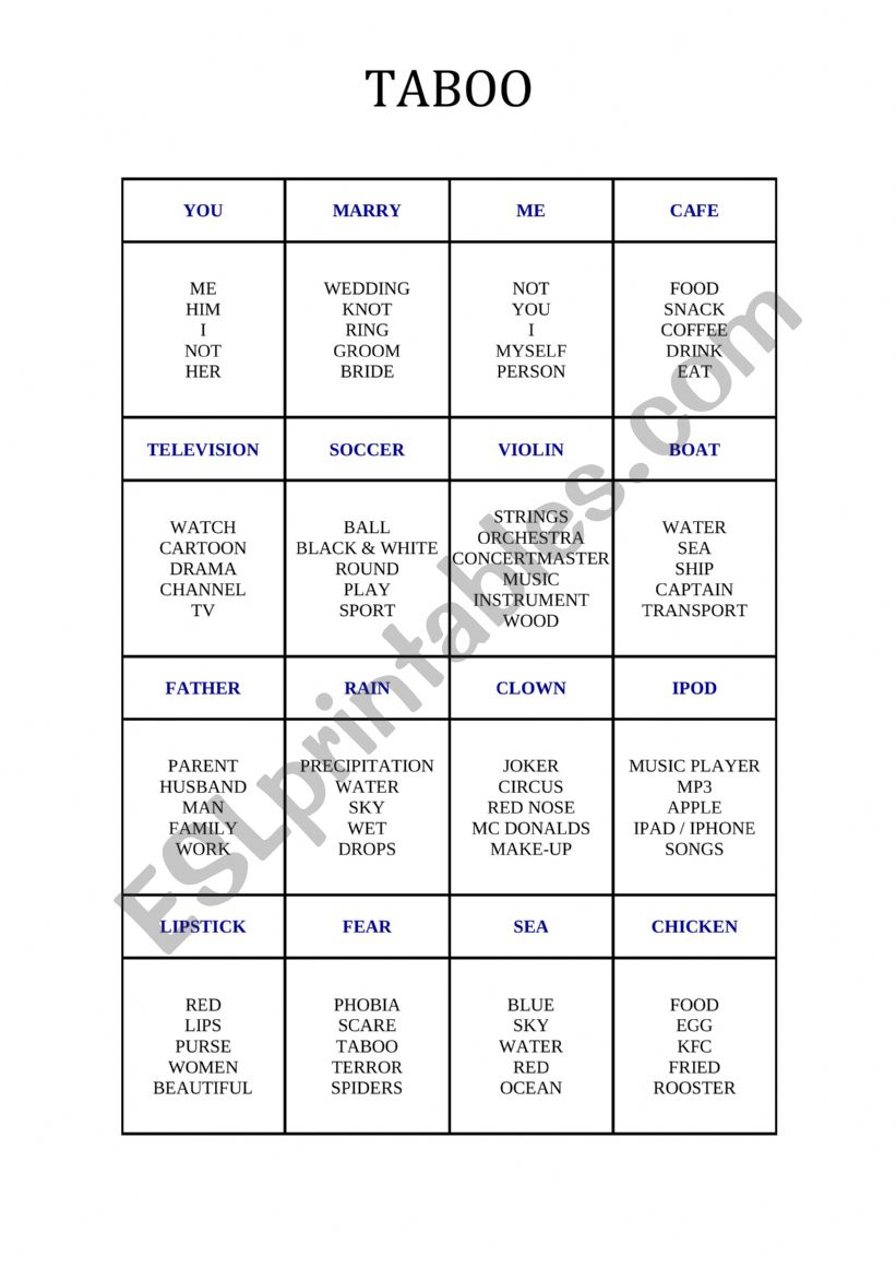 Taboo game worksheet