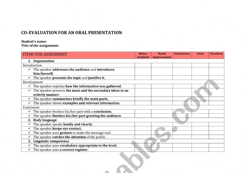 RUBRIC FOR ORAL PRESENTATIONS worksheet