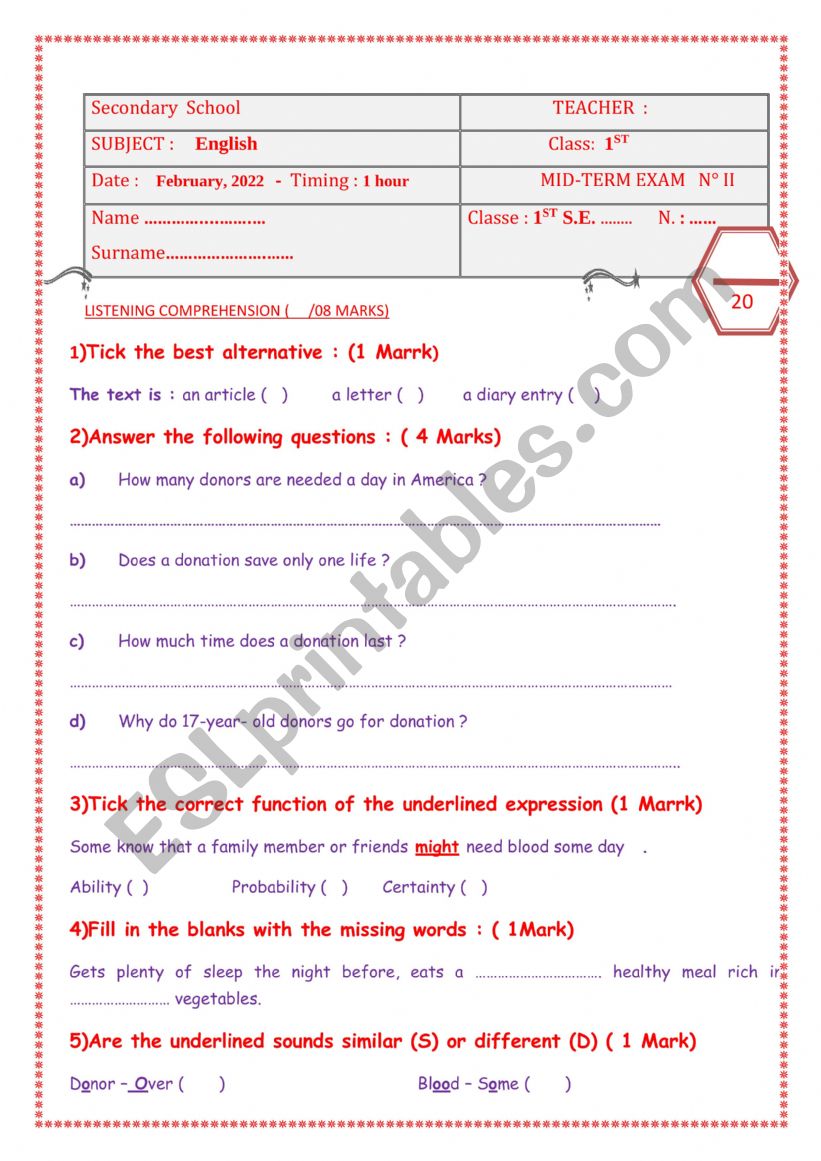 mid term test 2 first form worksheet