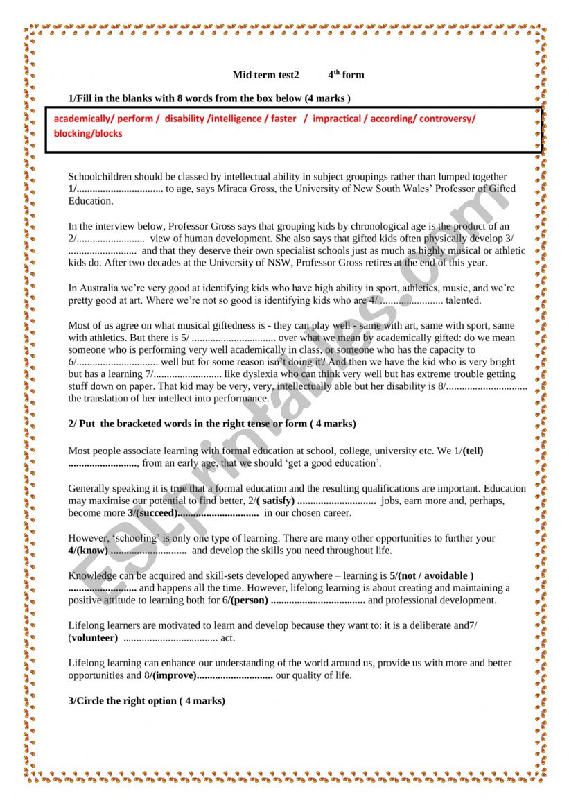 mid term test 2 4th form worksheet