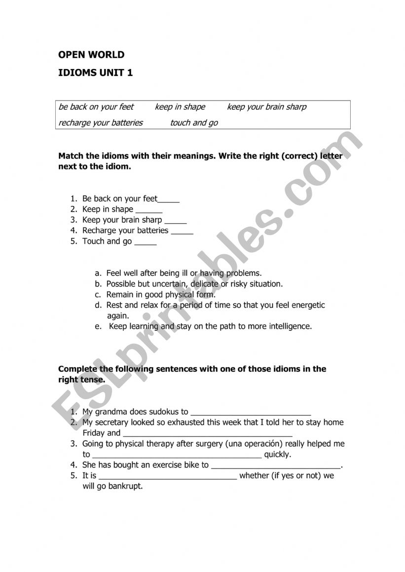 OPEN WORLD B2  IDIOMS UNIT 1 worksheet