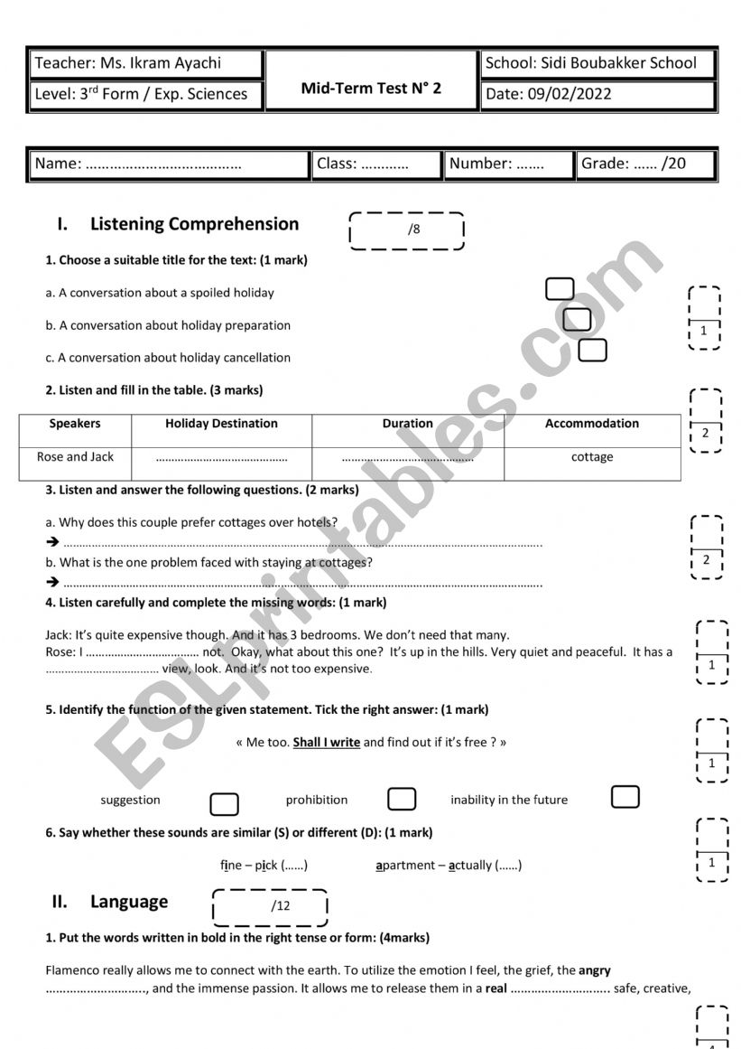 3rd Form - Experimental Sciences - Mid-Term Test n° 2 - ESL worksheet ...