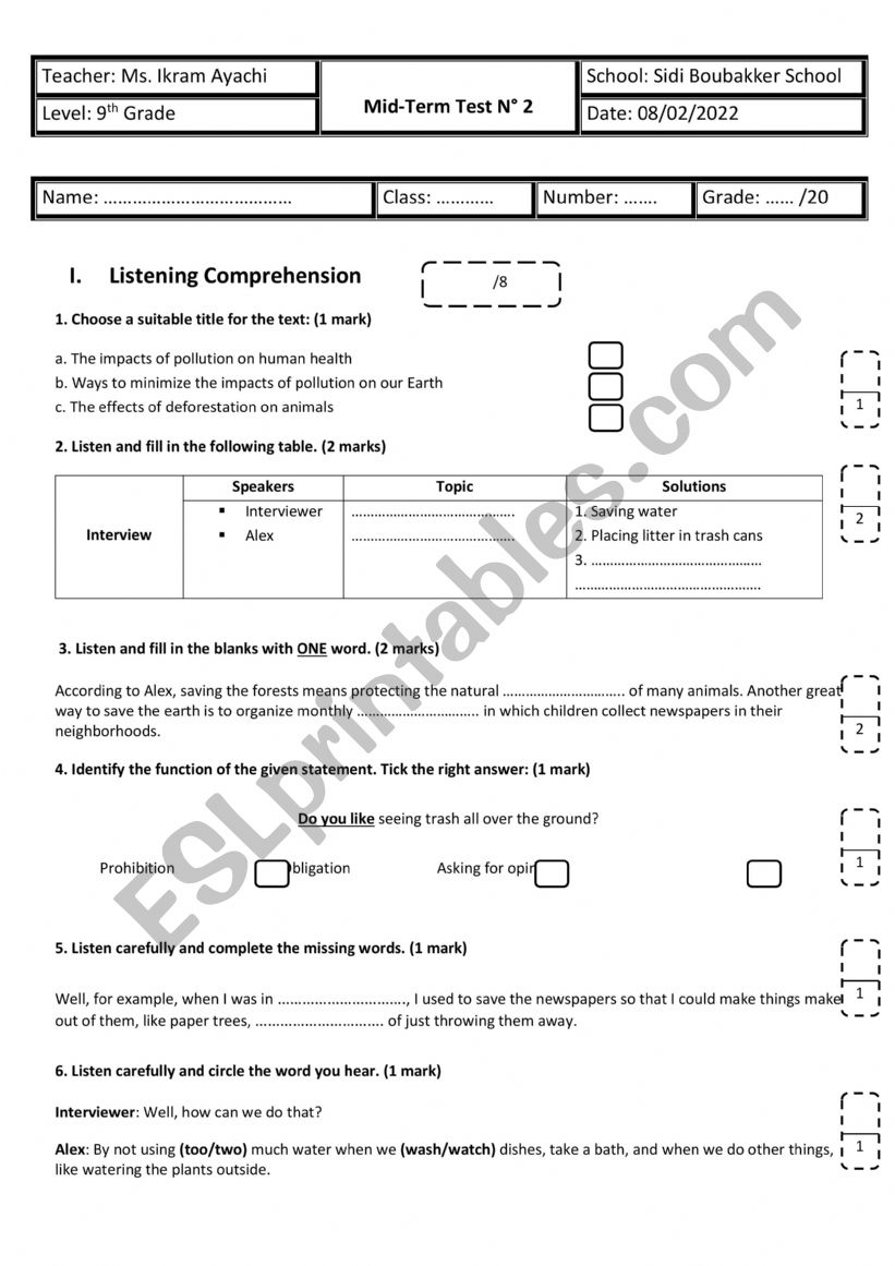 9th Grade - Mid-Term Test n 2