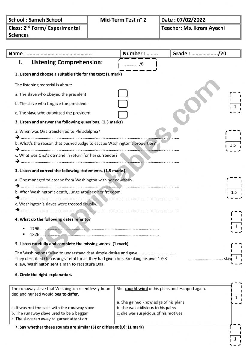 2nd Form - Experimental Sciences - Mid-term Test N° 2 - Esl Worksheet 