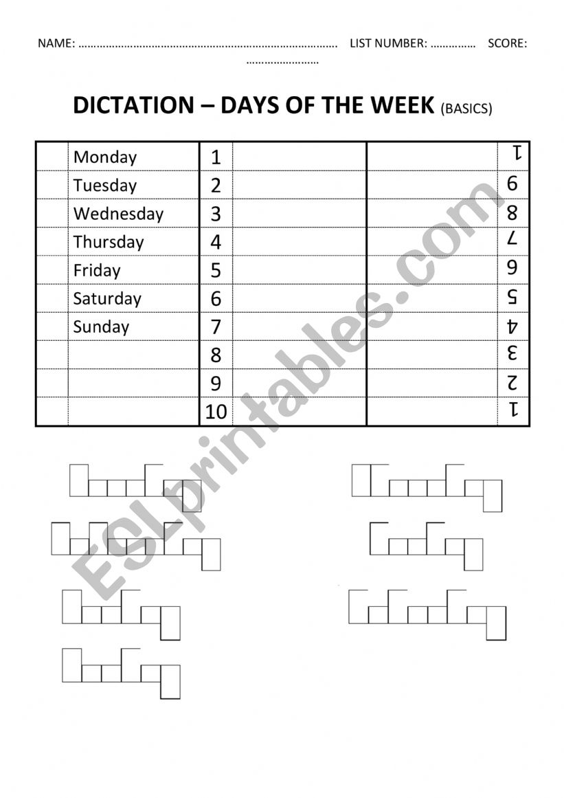 Word Shapes Dictation Worksheet (DAYS OF THE WEEK)