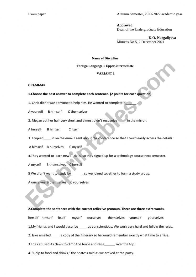 Exercise upper-intermediate worksheet