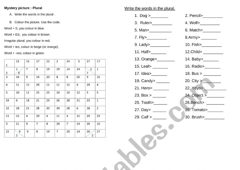 Mystery picture : plural worksheet