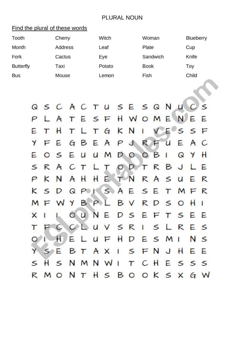 Plural wordsearch worksheet