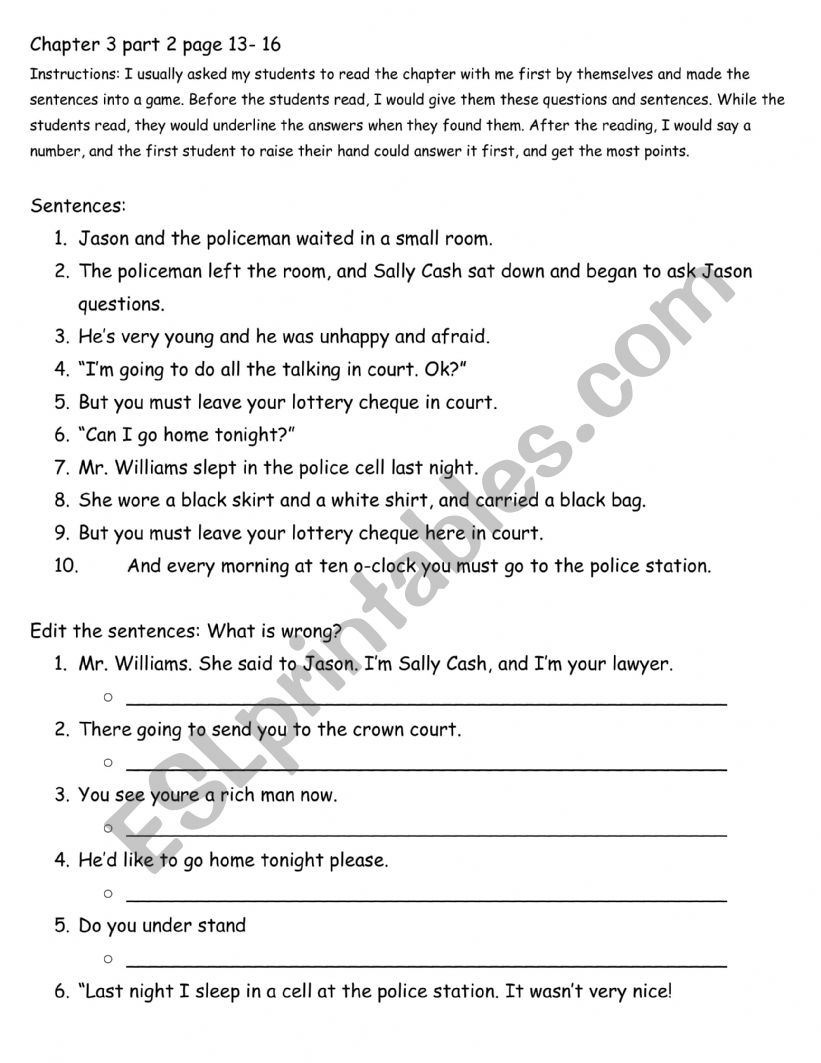 The Lottery Winner By Rosemary Border Chapter 3 Activities For Pages 13 15 Esl Worksheet By