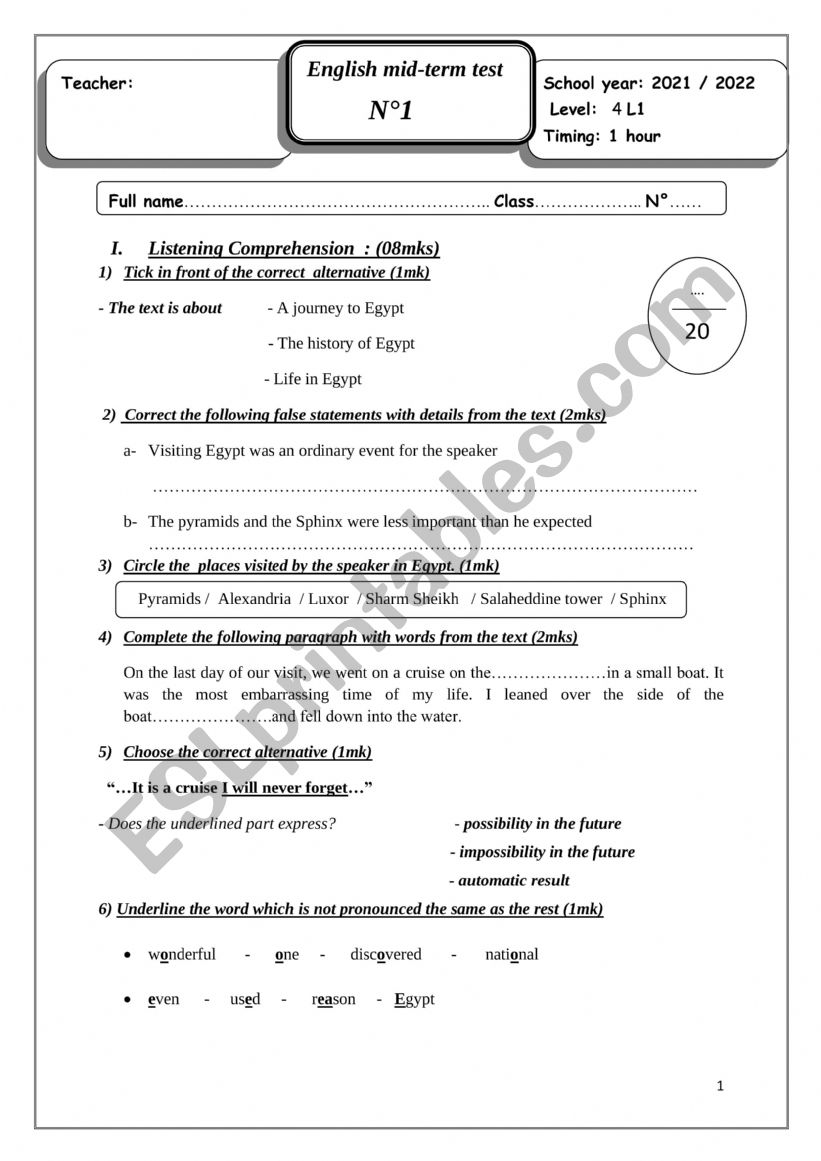 Bac Mid term test worksheet