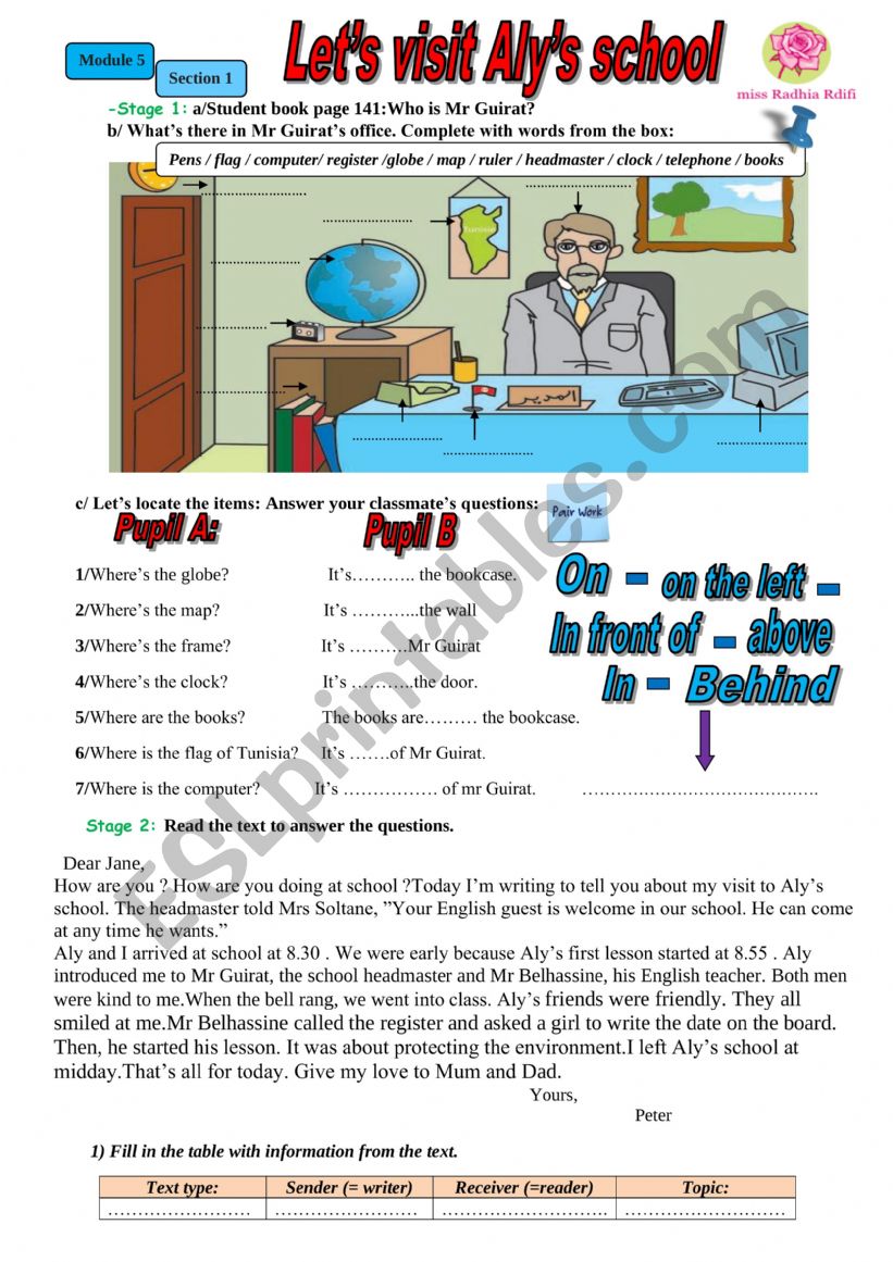 Let�s visit Aly�s school worksheet