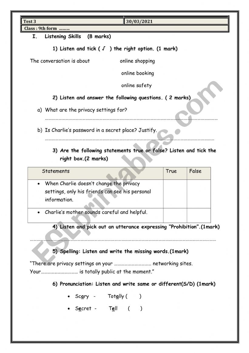 Test N3 9th form worksheet