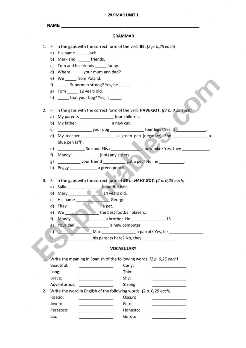 BE AND HAVE GOT TEST. worksheet