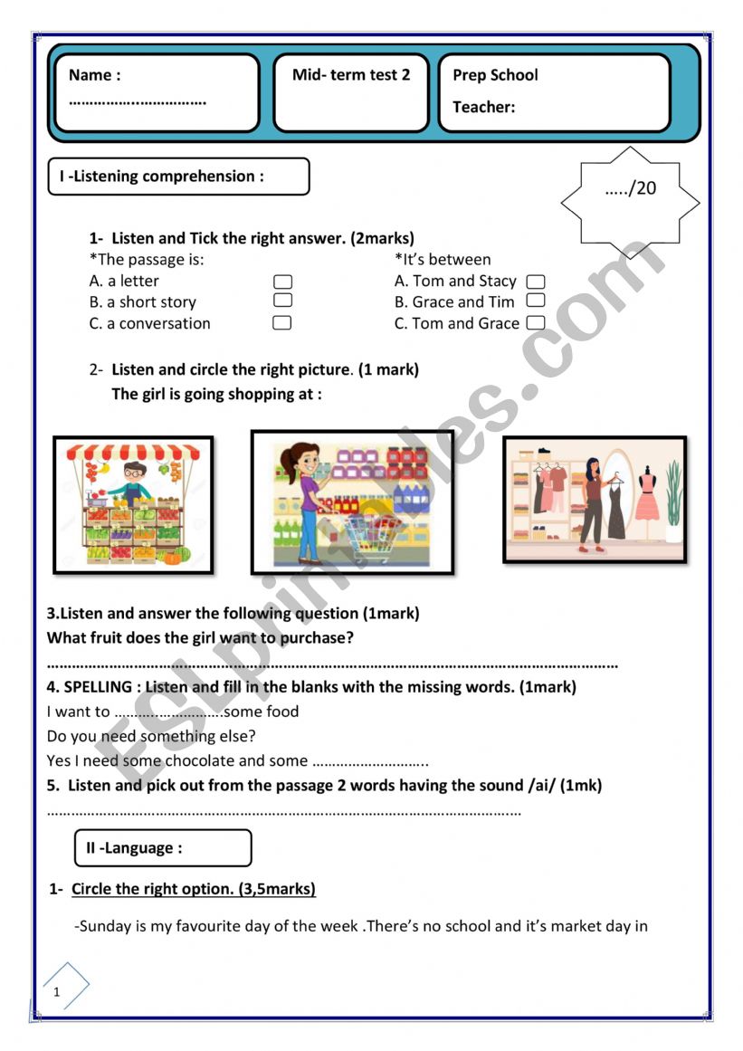 Mid -term tses n°2 7th form - ESL worksheet by oumaima