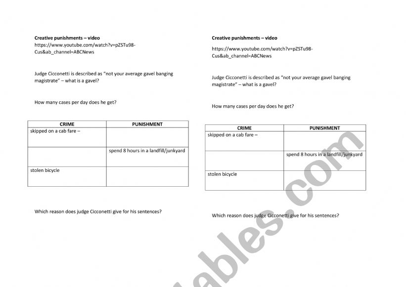 Creative punishments video worksheet