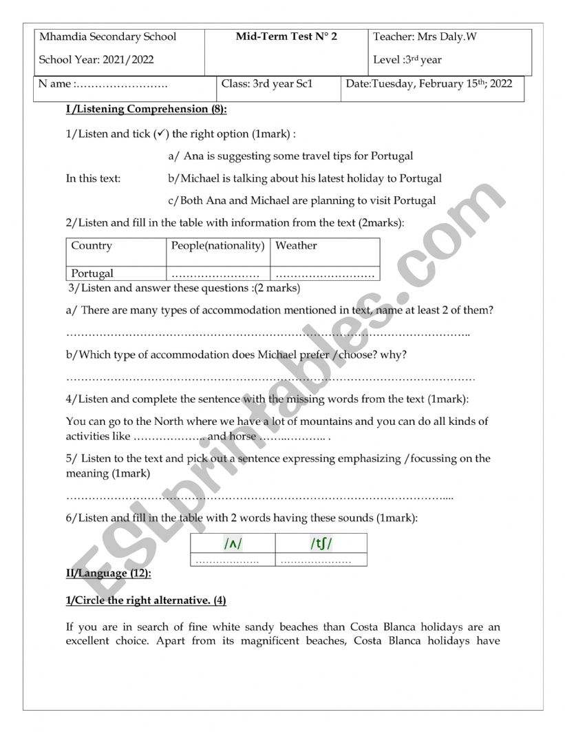 Mid- term test n2 worksheet