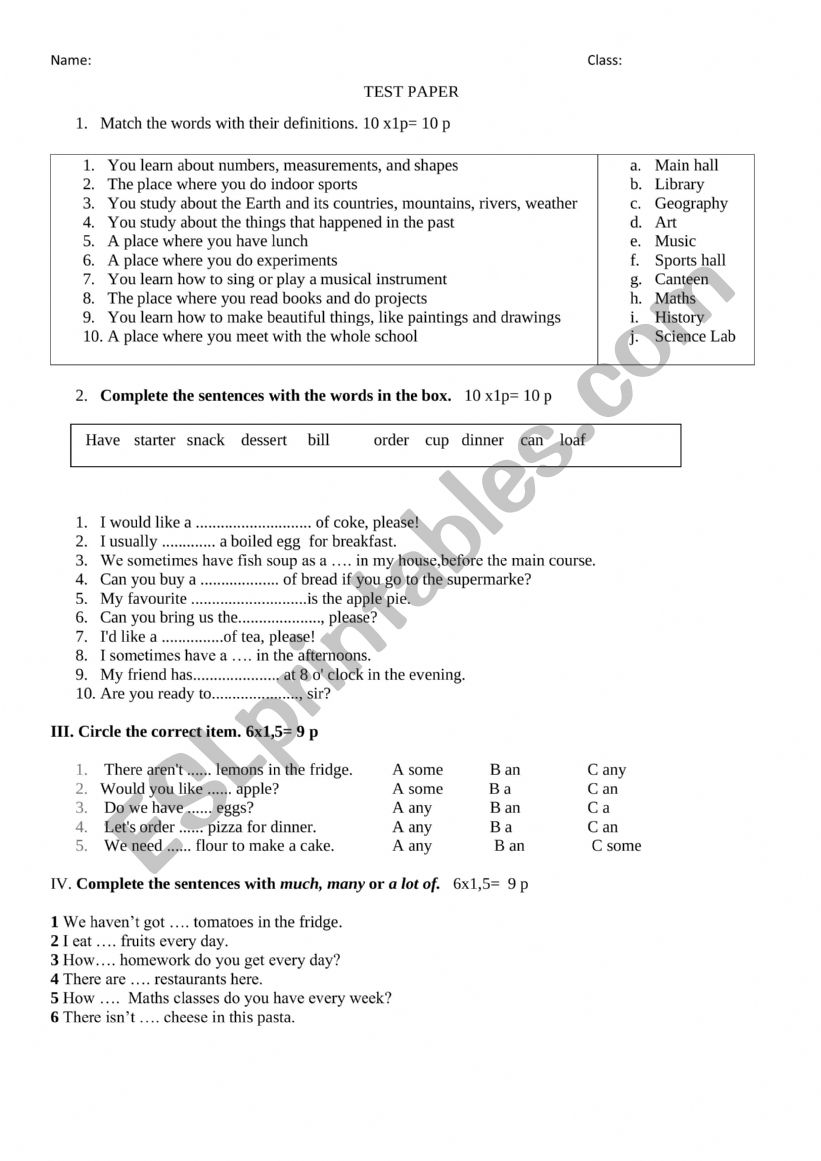 Revision- food, quantifiers worksheet