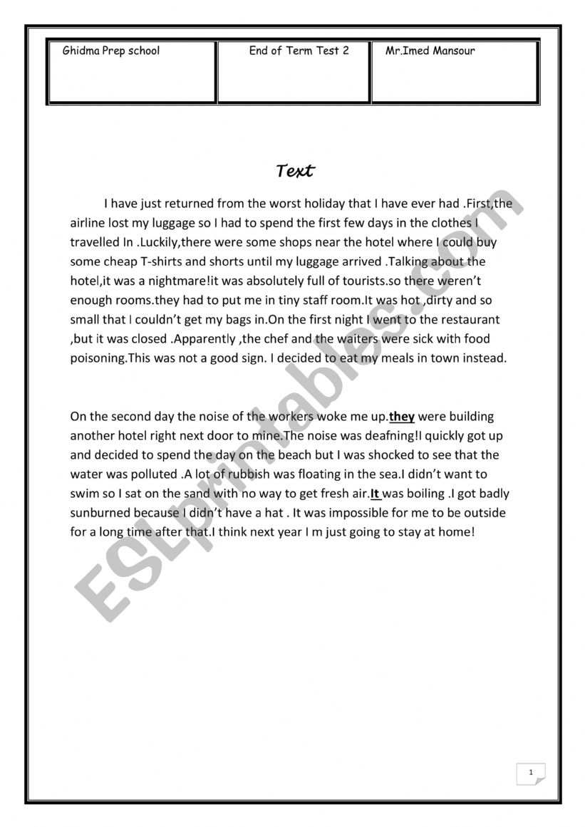 9th form End term exam 2 worksheet