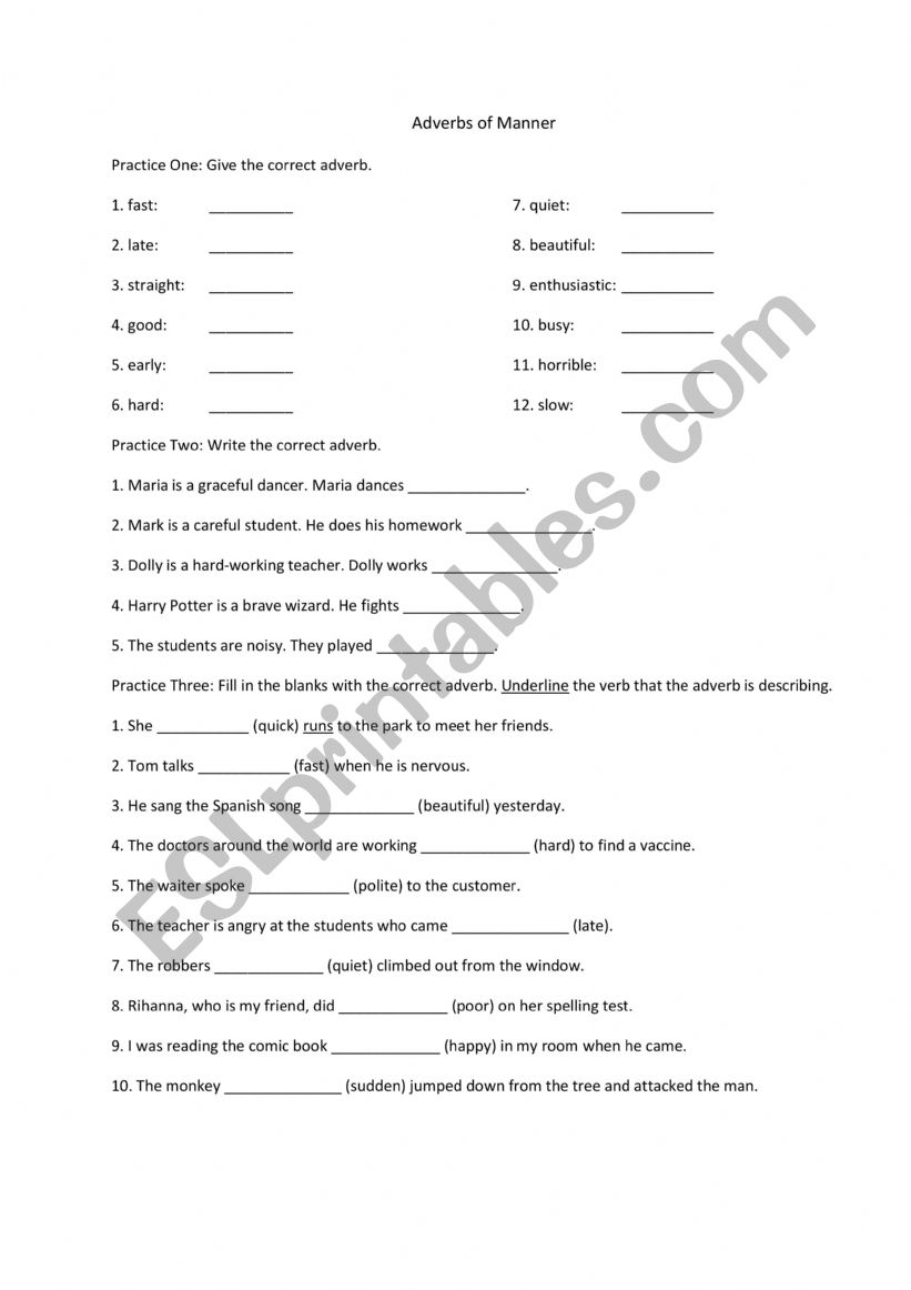 Adverbs of Manner worksheet