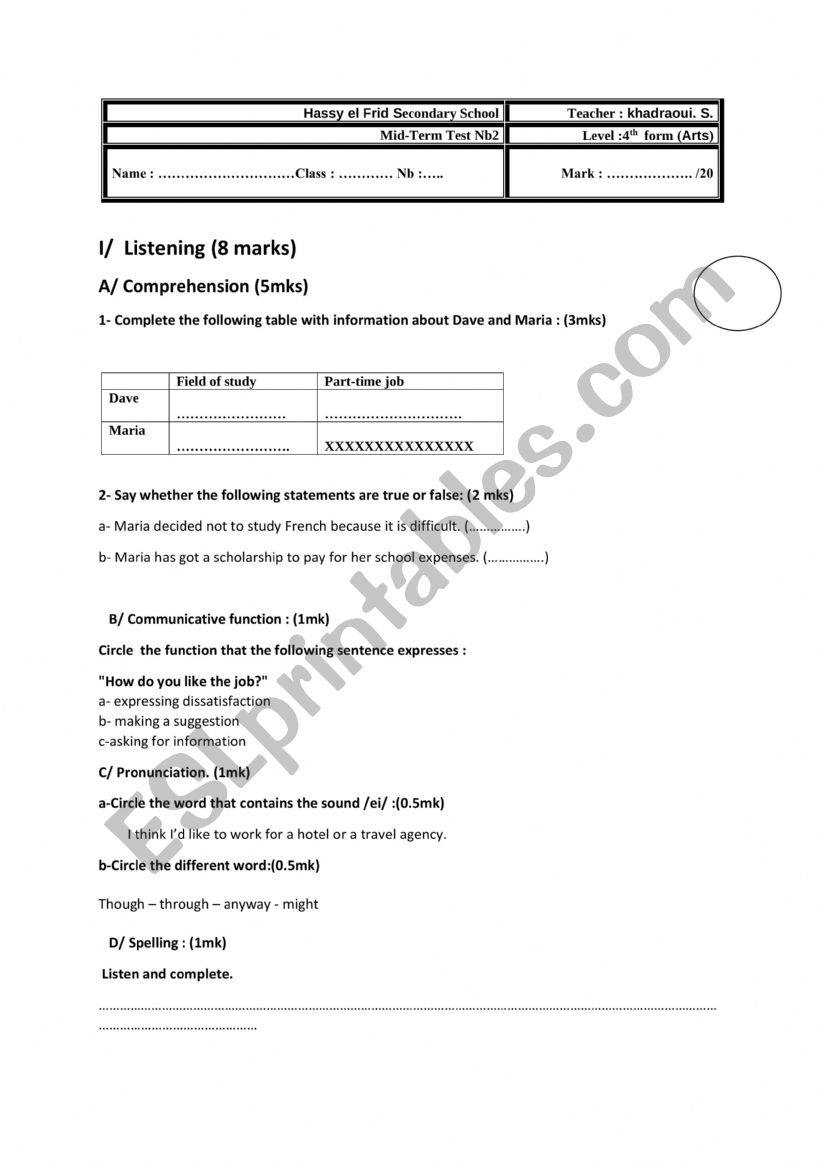 Mid term test 2 worksheet