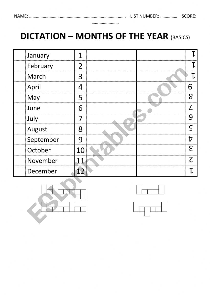 Word Shapes Dictation Worksheet (MONTHS OF THE YEAR)
