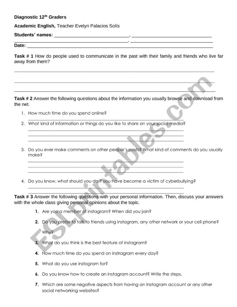 Diagnostic 12th Academic worksheet