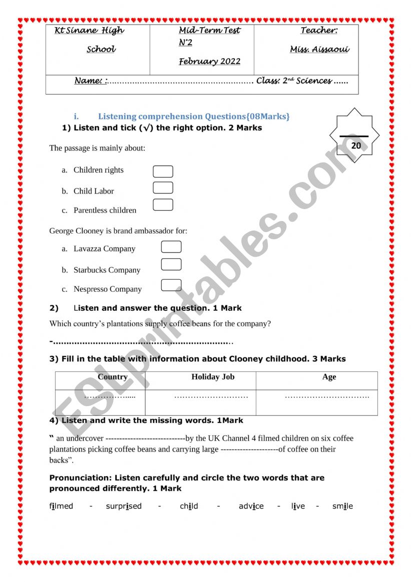 Mid term test 2 2nd form worksheet